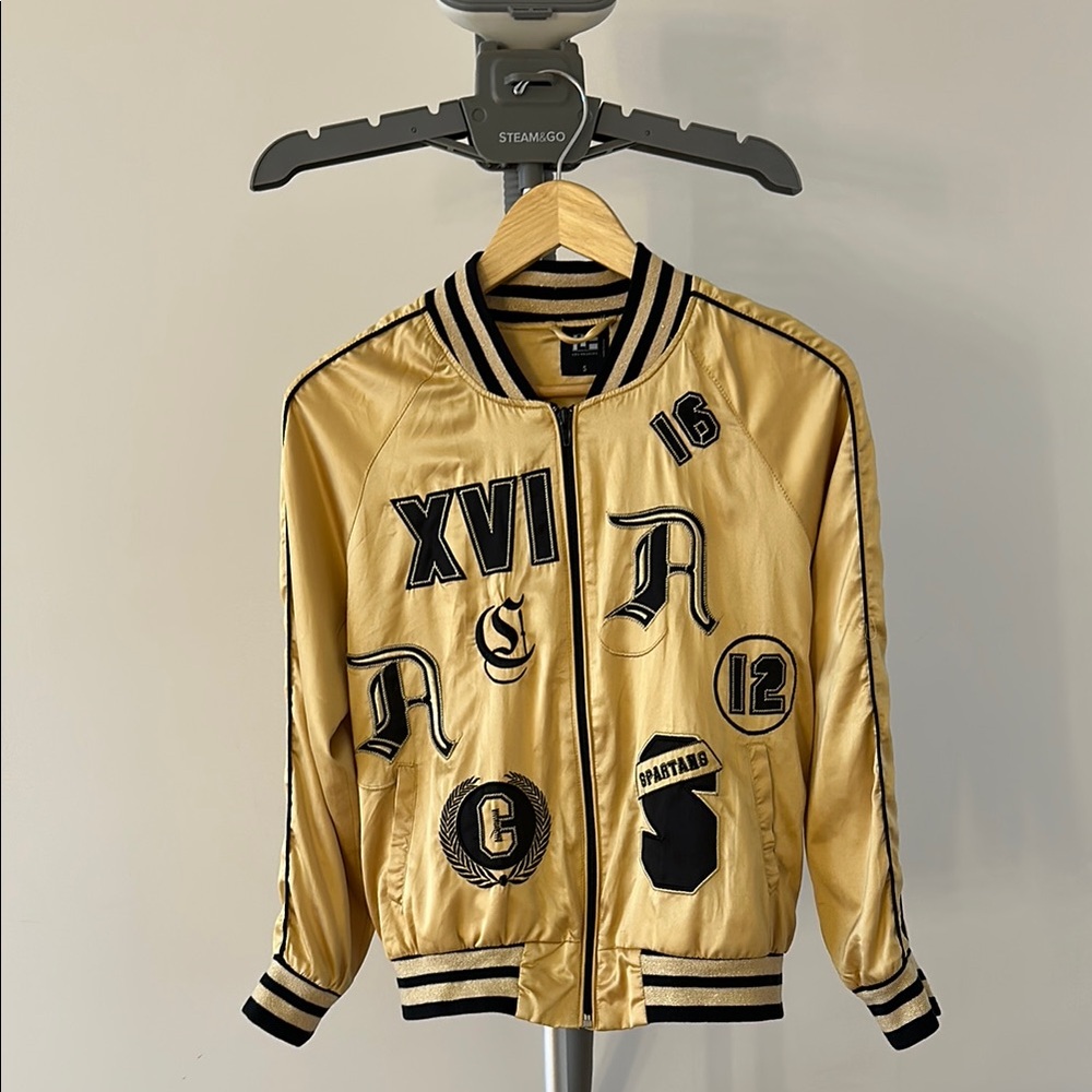 LF store yellow satin Bomber Jacket with Black Accents gold size S